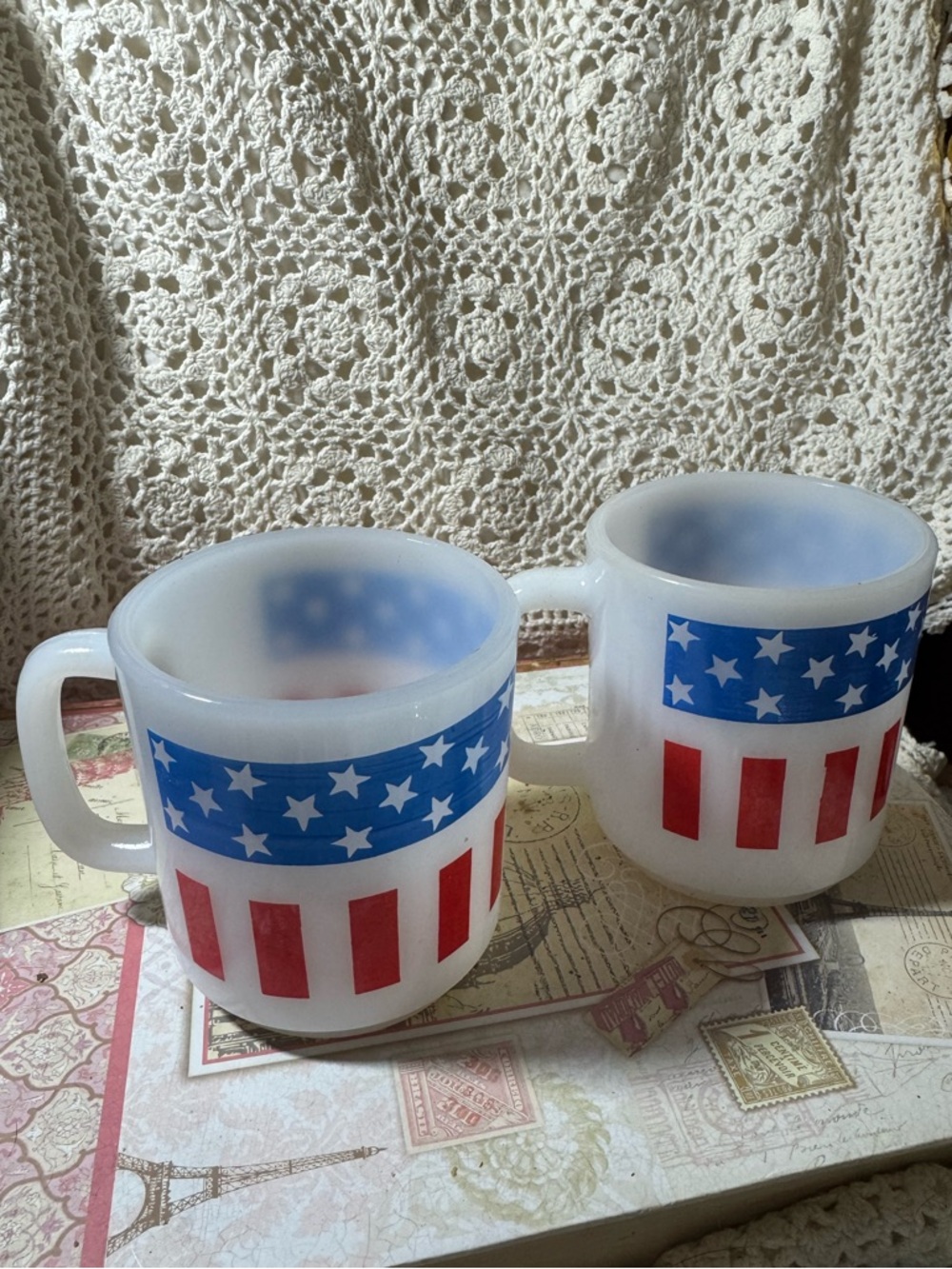 Glasbake Patriotic Stars & Stripes Milk Glass Mugs, White, Red & Blue (Set of 2)